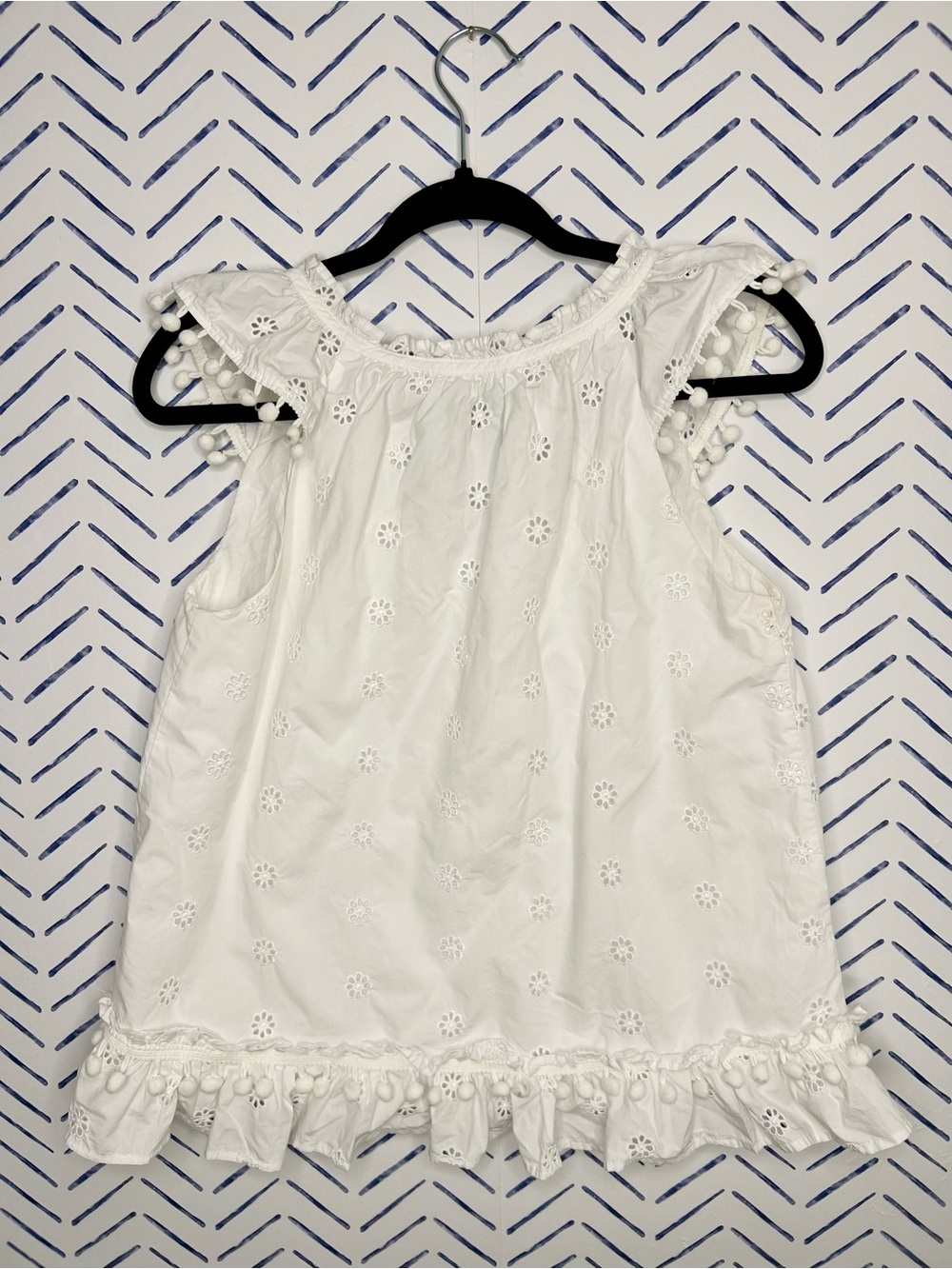 J.Crew white eyelet sleeveless peasant top ruffle and pom pom Size Small - Picture 5 of 5
